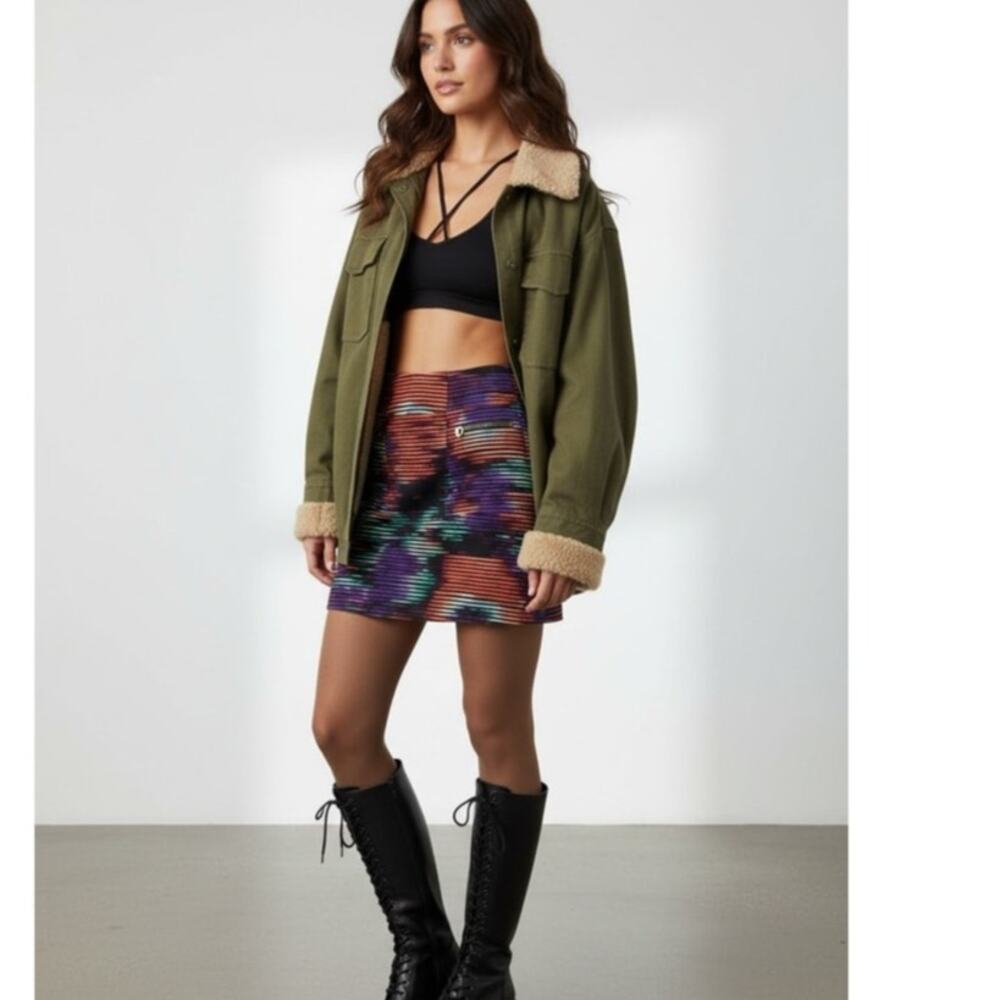 Etcetera Velvet Watercolor Floral Stripe Mini Skirt Sz. 0 Boho Indie